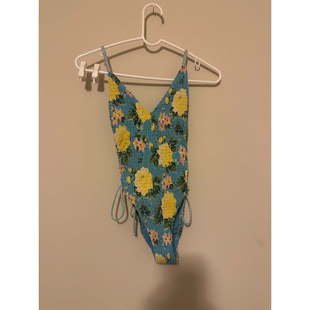 Aerie Real Good Smocked One Piece Cheeky Swimsuit Floral Gingham Straps Sz XS